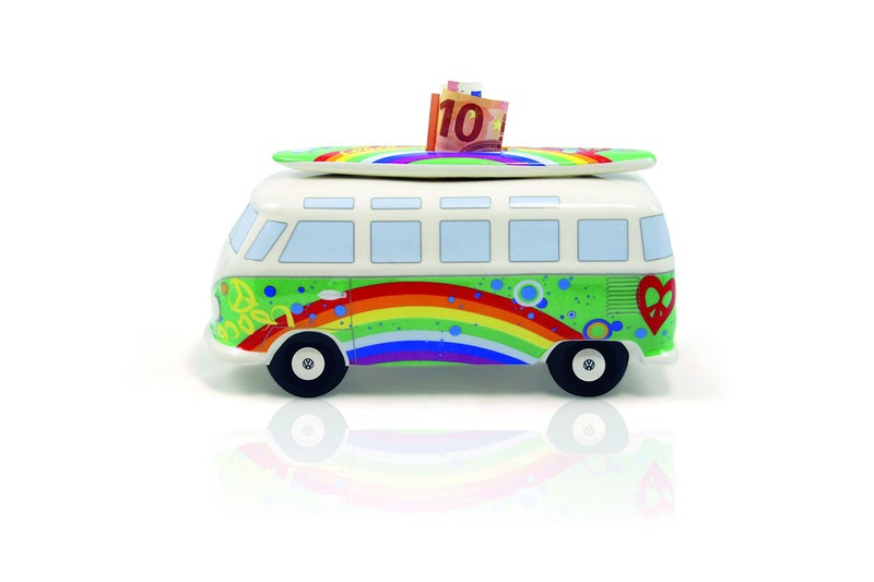 BRISA VW Collection - Volkswagen Savings Bank Piggy Bank Money Coin Box with Surfboard in T1 Bus Samba Design (Love Bus/Green) - Image 4
